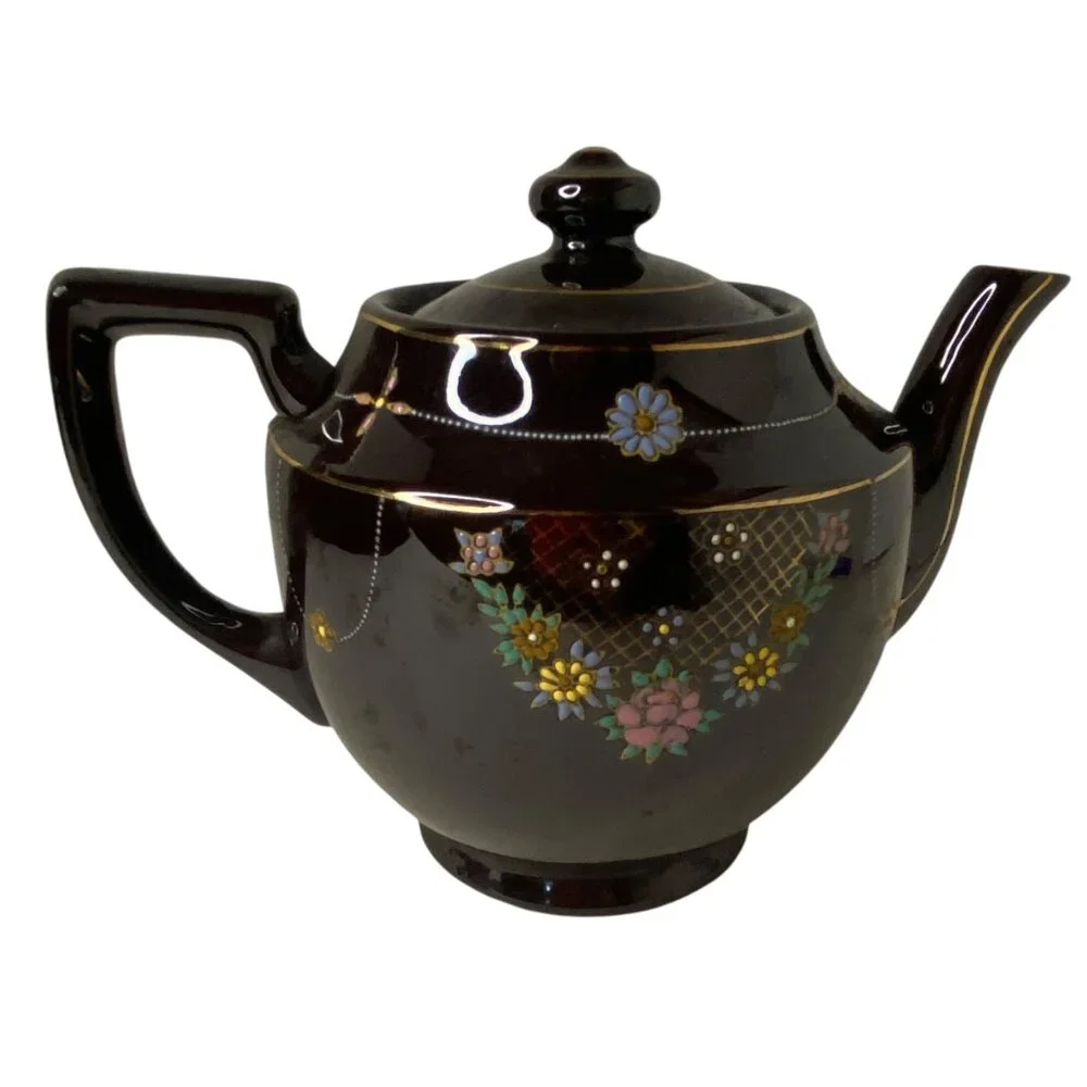 Vintage 1940's Glossy Brown Ceramic Teapot Moriage Painted Flower Made‎ in Japan